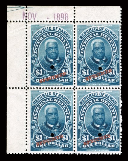 R11S, $1.00 Dark blue revenue, with red Specimen overprint and punch hole, top left corner margin block of four, with Nov - 1898 handstamp in the top margin, strong vibrant
color on fresh paper, o.g., n.h., minor gum crease at top left, very