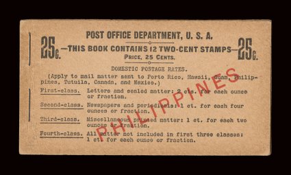214b, 2c Orange red, Ty. III, booklet pane of six, a very scarce complete 25c unexploded booklet of two panes, the panes being fresh with fine centering, crisp and intact
booklet, fine-very fine cataloged as two panes.