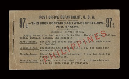 214b, 2c Orange red, Ty. III, booklet pane of six, an incredibly rare nearly complete 97c booklet of eight panes, half of the back cover is missing, otherwise intact, o.g.,
some panes with very mild disturbance from interleaving, front cover