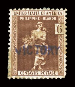 466, 6c Dark brown with Victory handstamp, stuck to interleaving on back as is usually the case, with some resulting faint perf. gum staining, deep color, fine one of the
rarest of the Victory handstamps, with only 64 examples printed 19