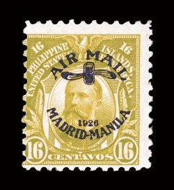 C7, 16c Light olive green, with Madrid-Manila air post ovpt., quite fresh, typical centering, o.g., light gum bend, fine for this only 300 printed 1959 PF
certificate.