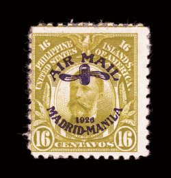C7, 16c Light olive green, with Madrid-Manila air post ovpt., another example of this rare air post stamp, unusually strong color, interleaving stuck to back,
fine.