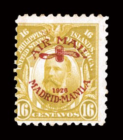 C8, 16c Olive bister, with red Madrid-Manila air post ovpt., another example of this rarity, bright color, centered to the left as usual, tropicalized o.g., trivial toned
spots on reverse only, fine signed Sanabria.