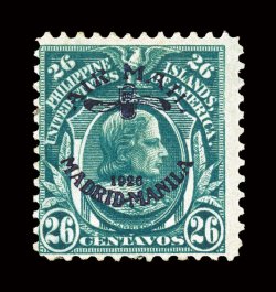 C16, 26c Blue green, with Madrid-Manila air post ovpt., we have a second example of this rare stamp, deep intense color, typical centering for this rarity, o.g. that has been
redistributed over a trivial crease, fine appearance 1994 PF certific