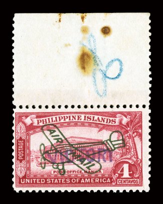 C63, 4c Rose Carmine air post, Victory handstamp, another example of this air post rarity, being a top sheet-margin single, deep vibrant color, o.g., minor natural gum crease
at right, some staining in the top selvage only, fine signed Sanabr