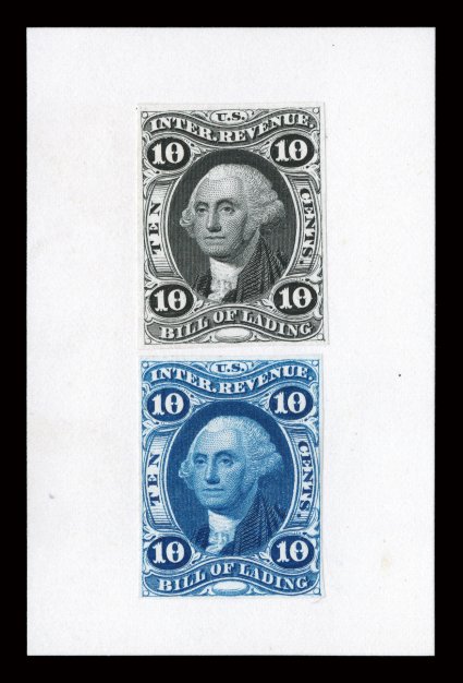 R32P, 10c Bill of Lading, plate proofs in blue and black on India, mounted on 46x71mm white card, bright and fresh, very fine a most unusual proof that is not listed in
Scott.