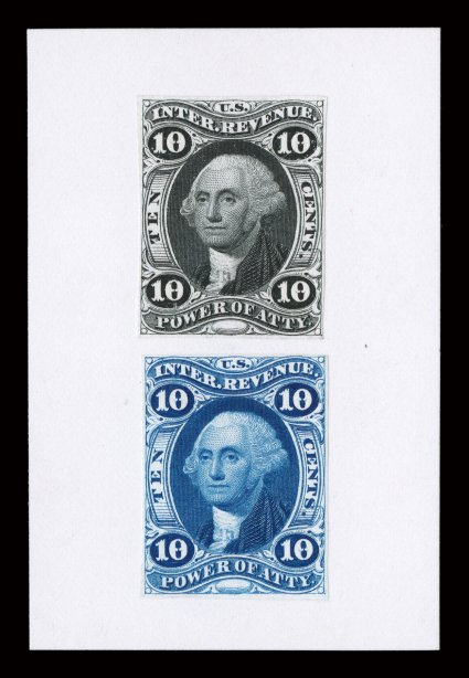 R37P, 10c Power of Attorney, plate proofs in blue and black on India, affixed to 46x70mm white card, fresh and very fine a most unusual composite type proof that is
unlisted.