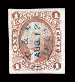 R1a, 1c Express, imperforate, gem used example, featuring four lavishly large margins, strong color, beautifully cancelled with a central strike of a petite blue P &
WAug.121863 oval handstamp, extremely fine seldom encountered both in this
