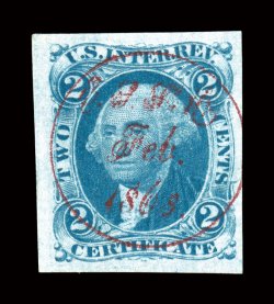R7a, 2c Certificate, imperforate, an absolutely superb used single, large to mostly huge margins all around, especially deep rich color and impression on bright paper,
exquisitely cancelled with a perfectly positioned upright fancy script 1868 p