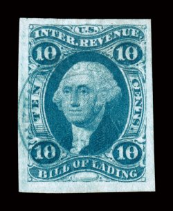 R32a, 10c Bill of Lading, imperforate, used, four exceptionally large margins, deep rich color and a strong impression on bright paper, very light central strike of a blue
handstamp cancel, extremely fine gem a stamp with great eye appeal.
