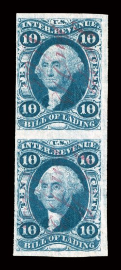 R32a, 10c Bill of Lading, imperforate, vertical pair, three large margins, fourth at left close but easily clears, lovely rich color, light magenta ms. cancels, very
fine.