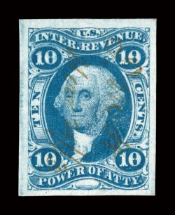 R37a, 10c Power of Attorney, imperforate, a fabulously choice used example of this scarce value, being the finest quality example of Scott R37a we have ever offered, featuring
four uniformly large margins all around, prooflike color and imp