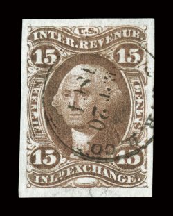 R40a, 15c Inland Exchange, imperforate, lovely used example, large perfectly balanced margins all around, deep rich color, light neat strike of an 1864 circular handstamp
cancel, extremely fine actually a very scarce stamp to find in this premi