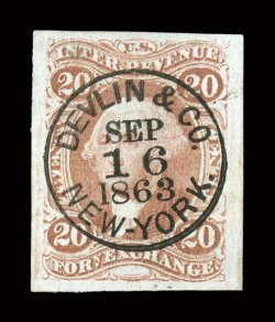 R41a, 20c Foreign Exchange, imperforate, a spectacular quality used example, boasting several extraordinary physical attributes, not the least of which are its four
extravagantly large margins and strong rich color, but especially striking is it