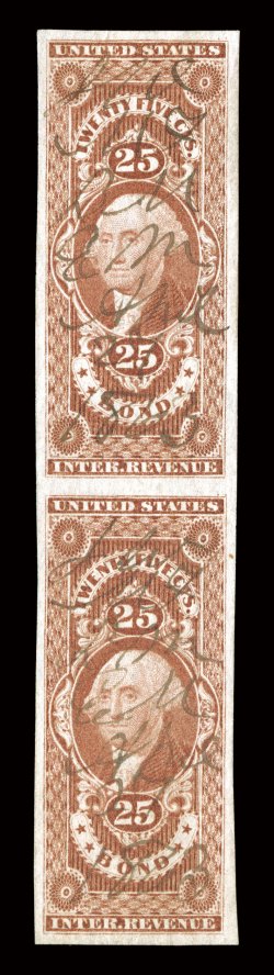 R43a, 25c Bond, imperforate, handsome vertical pair, with unusually large margins all around, rich luxuriant color and a strong impression, light 1863 ms. cancels, faint trace
of a vertical crease, otherwise extremely fine.