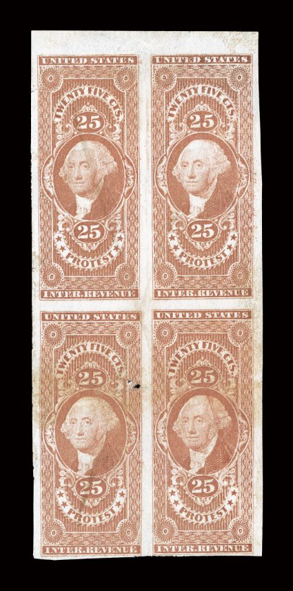 R49a, 25c Protest, imperforate, top sheet-margin block of four, other margins mostly large, rich color, very light ms. cancel, horizontal crease in bottom stamps causes a
small hole in the left stamp, very fine appearance.