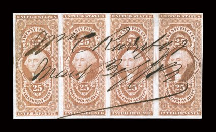 R50a, 25c Warehouse Receipt, imperforate, attractive horizontal strip of four, full to mostly large margins around, strong rich color and a crisp clean impression, ms. cancel,
very fine ex-Joyce.