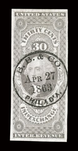 R52a, 30c Inland Exchange, imperforate, premium quality used example, four large and nicely balanced margins, strong rich color, gorgeous central strike of B.B. & Co.Apr 27,
1863Philada. circular handstamp cancel, extremely fine 2005 PF ce
