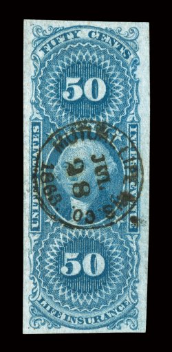 R58a, 50c Life Insurance, imperforate, handsome used single in considerably better condition than typically found, large to very large margins all around, strong color and
impression on bright paper, striking central strike of Mutual Life Ins.