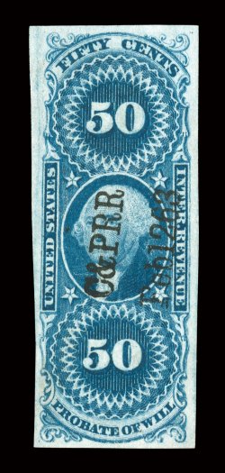 R62a, 50c Probate of Will, imperforate, used, perfect C&PRRFeb1263 two line handstamp cancel, four large margins, gorgeous intense color and a razor-sharp impression,
extremely fine an eye-appealing gem 2005 PF certificate.