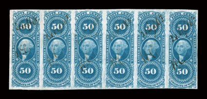 R62a, 50c Probate of Will, imperforate, handsome horizontal strip of six, deeply rich color and a sharp impression, mostly large margins all around, light 1863 ms. cancels,
faint trace of a horizontal crease, otherwise very fine only two larger