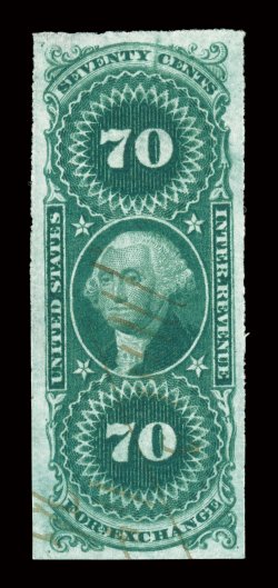 R65a, 70c Foreign Exchange, imperforate, a most appealing used example, possessing four lavishly large and marvelously well balanced margins, sumptuously rich color and a
crisp detailed impression on bright paper, very light and unobtrusive manu