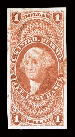 R71a, $1.00 Life Insurance, imperforate, gem used example, with four lavishly large and particularly well balanced margins, much deeper color than usual, wonderfully cancelled
with a light and unobtrusive strike of a red handstamp, extremely