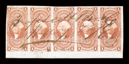 R72a, $1.00 Manifest, imperforate, bottom sheet-margin horizontal strip of five, other margins large to just touching at top left, rich color, 1863 ms. cancel, light vertical
creases and a few minor selvage tears, very fine appearance only one