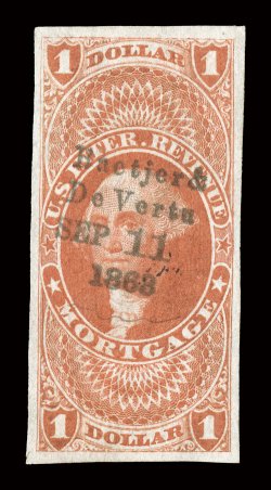 R73a, $1.00 Mortgage, imperforate, gem used single, with four large and wonderfully well balanced margins, deep luxuriant color and a strong detailed impression, beautiful
central strike of a Baetjer &De VertuSep 111863 four-line handstamp
