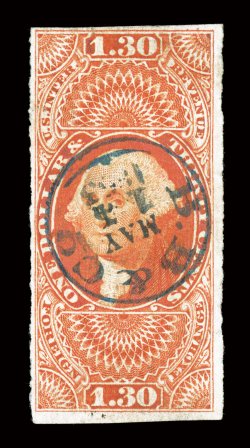 R77a, $1.30 Foreign Exchange, imperforate, bright color, ample to large margins all around, socked-on-the-nose c.d.s. handstamp, small tears at top and left, very fine
appearance a presentable example of this rare first issue imperforate, which