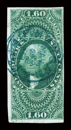 R79a, $1.60 Foreign Exchange, imperforate, full to mostly large margins all around, strong rich color, nicely cancelled by a light blue 1863 c.d.s. of J.P. Morgan & Co., faint
horizontal crease and a couple tiny thin specks, very fine appear