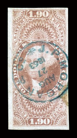 R80a, $1.90 Foreign Exchange, imperforate, full to large margins all around, attractive color, crisp strike of a blue 1863 handstamp of J.P. Morgan & Co., repaired at right,
with a small portion of the cancel drawn in, very fine appearance