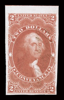 R81a, $2.00 Conveyance, imperforate, top sheet-margin single, other margins full to very large, wonderfully rich color and a clean impression on fresh paper, light ms. cancel,
choice very fine.
