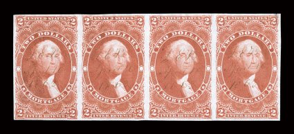 R82a, $2.00 Mortgage, imperforate, horizontal strip of four, large margins all around, exceptionally bright and fresh, light 1863 ms. cancels, tiny margin tear at top right,
otherwise very fine and attractive.