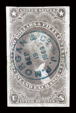 R84a, $2.50 Inland Exchange, imperforate, three exceptionally large margins, fourth at top quite ample, strong color, socked-on-the-nose blue 1863 handstamp of J.P. Morgan &
Co., neatly repaired, very fine appearance an attractive yet affordabl