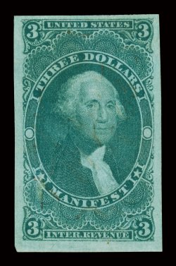 R86a, $3.00 Manifest, imperforate, impressive used single, four large to huge margins, rich fresh color, unusually light ms. cancel, extremely fine.