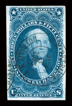 R87a, $3.50 Inland Exchange, imperforate, four full to mostly large margins, lovely rich color and a crisp detailed impression on bright white paper, light 1865 Buffalo, N.Y.
c.d.s. handstamp, light horizontal crease and a couple tiny tears, ver
