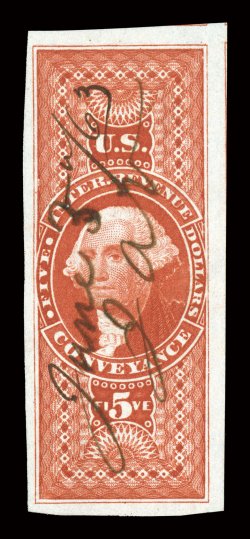 R89a, $5.00 Conveyance, imperforate, used, four huge to enormous margins, showing bits of the adjoining stamps at top and right, intense color and impression on bright paper,
1863 manuscript cancel, extremely fine a large-margined gem.
