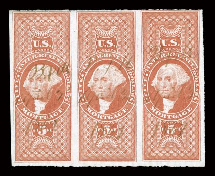 R91a, $5.00 Mortgage, imperforate, horizontal strip of three, uncommonly bright and fresh, large margins on three sides, close but easily clears at top, light 1867 ms.
cancels, tiny tear at top of left stamp, otherwise very fine.