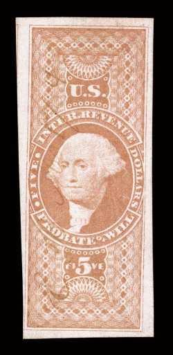 R92a, $5.00 Probate of Will, imperforate, full to exceptionally large margins all around, attractive color, light 1864 ms. cancel, minute closed tear in right margin,
otherwise very fine.
