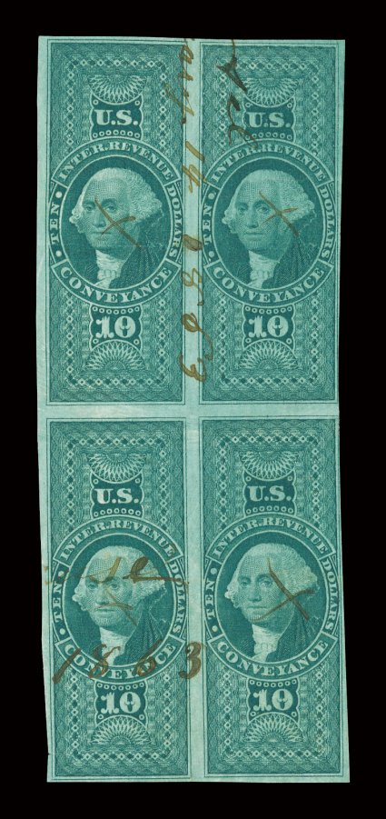 R94a, $10.00 Conveyance, imperforate, block of four, margins all around ranging from close to large, strong rich color, 1863 ms. cancel, minor creasing, tiny pinhole between
top stamps, very fine appearance.