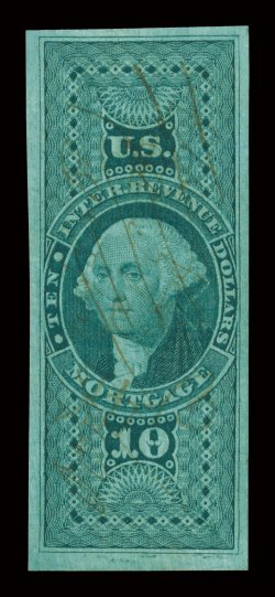 R95a, $10.00 Mortgage, imperforate, premium used example of this scarce imperforate stamp, four large margins, strong rich color, light ms. cancel, extremely
fine.