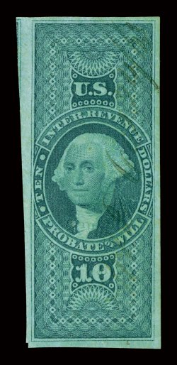 R96a, $10.00 Probate of Will, imperforate, four large margins, deep color and a crisp detailed impression, light ms. cancel, trivial small crease at top left, otherwise very
fine.
