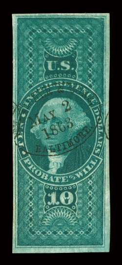R96a, $10.00 Probate of Will, imperforate, full to large margins all around, especially deep color and an intense impression showing a kiss print at top, neat oval 1863
handstamp, light horizontal crease, very fine appearance.
