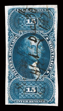 R97a, $15.00 Mortgage, imperforate, large to huge margins all around, deep luxuriant color and a sharp impression on fresh paper, 1862 ms. cancel, tiny tear in the left
margin, otherwise choice very fine.