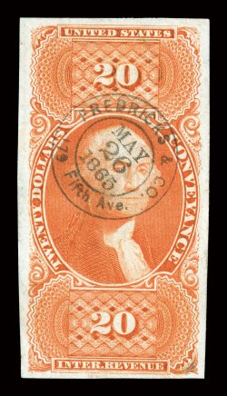 R98a, $20.00 Conveyance, imperforate, an absolutely superb used example, possessing every physical attribute one could hope for, including four lavishly large margins, deep
vivid color and a well incised impression on bright paper, wonderfully c