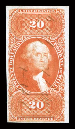 R99a, $20.00 Probate of Will, imperforate, full to extra-large margins all around, brilliantly rich color and a well incised impression, light 1864 ms. cancel, a very fine
example of this scarce stamp.