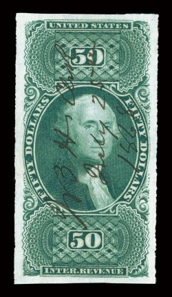 R101a, $50.00 U.S.I.R., imperforate, a magnificent quality used example, boasting four huge and perfectly symmetrical margins, gorgeous intense shade and a crisp detailed
impression on bright paper, neat 1868 manuscript cancel, an extremely fine