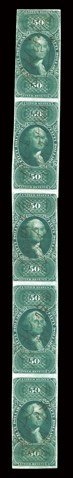 R101a, $50.00 U.S.I.R., imperforate, vertical strip of five, deep color, ms. cancels, small faults, fine-very fine appearance among the largest known
multiples.