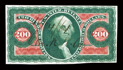 R102a, $200.00 U.S.I.R., imperforate, unusually large margins all around, beautiful rich colors and prooflike impressions, neat 1864 ms. railroad cancel, small filled thin,
very fine appearance overall a desirable example of this scarce imperfo